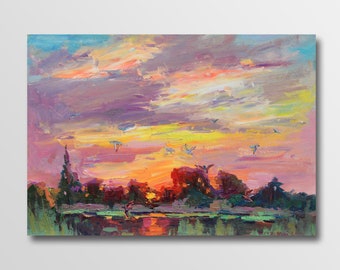 Original Oil Painting: Colorful River Sunset Art, Plein Air Artwork (13.7 X 19.6 IN)