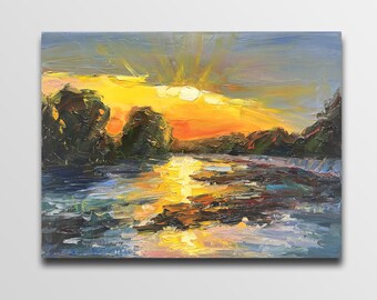夕焼けの絵画、川と山の絵画、夕方の夕日、水と太陽、オリジナルの風景