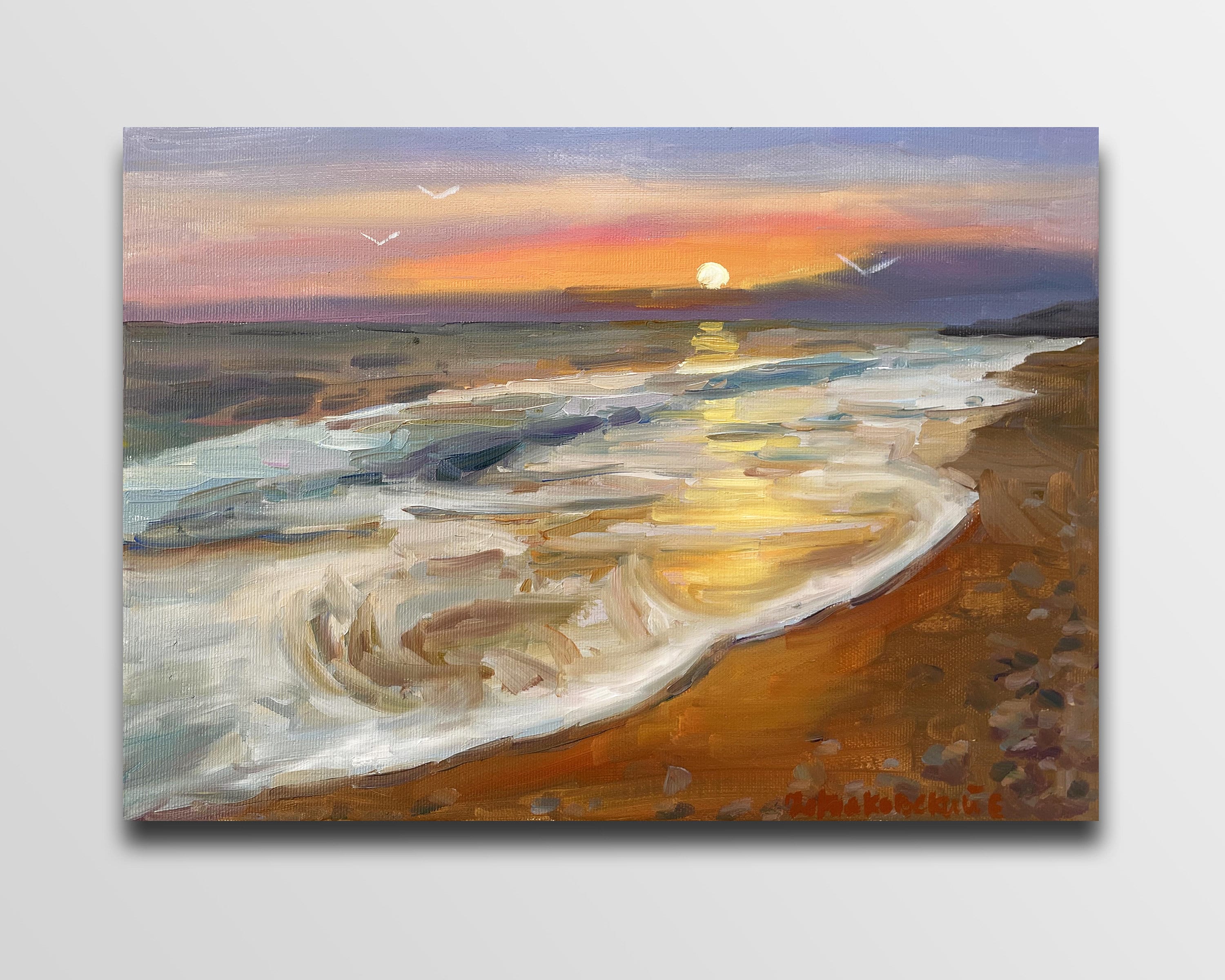 オリジナル油絵：海の日の出、海の波、ホームデコレーション（13.7 x