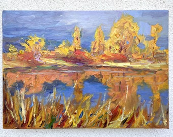 赤い夕焼けの絵画オリジナル、穏やかな川の壁アート、カラフルな油絵の