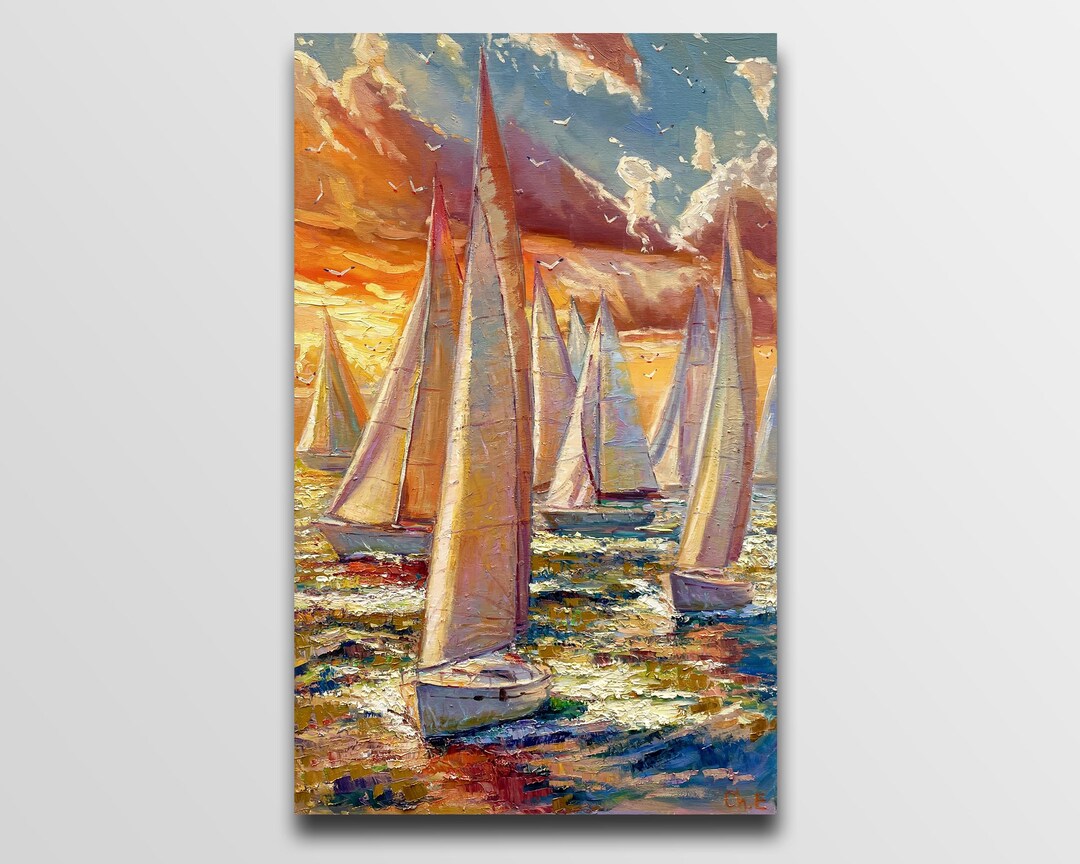 ヨットの絵画アート海外の絵画新築祝いの贈り物海岸印象派油絵ボート