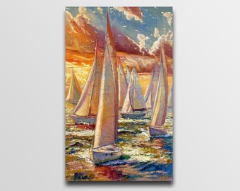 ヨットの絵画アート海外の絵画新築祝いの贈り物海岸印象派油絵ボート