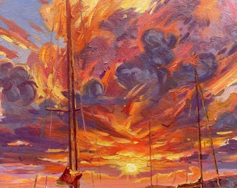 夕焼けのヨットの絵画：印象派の海景油彩 - Etsy 日本