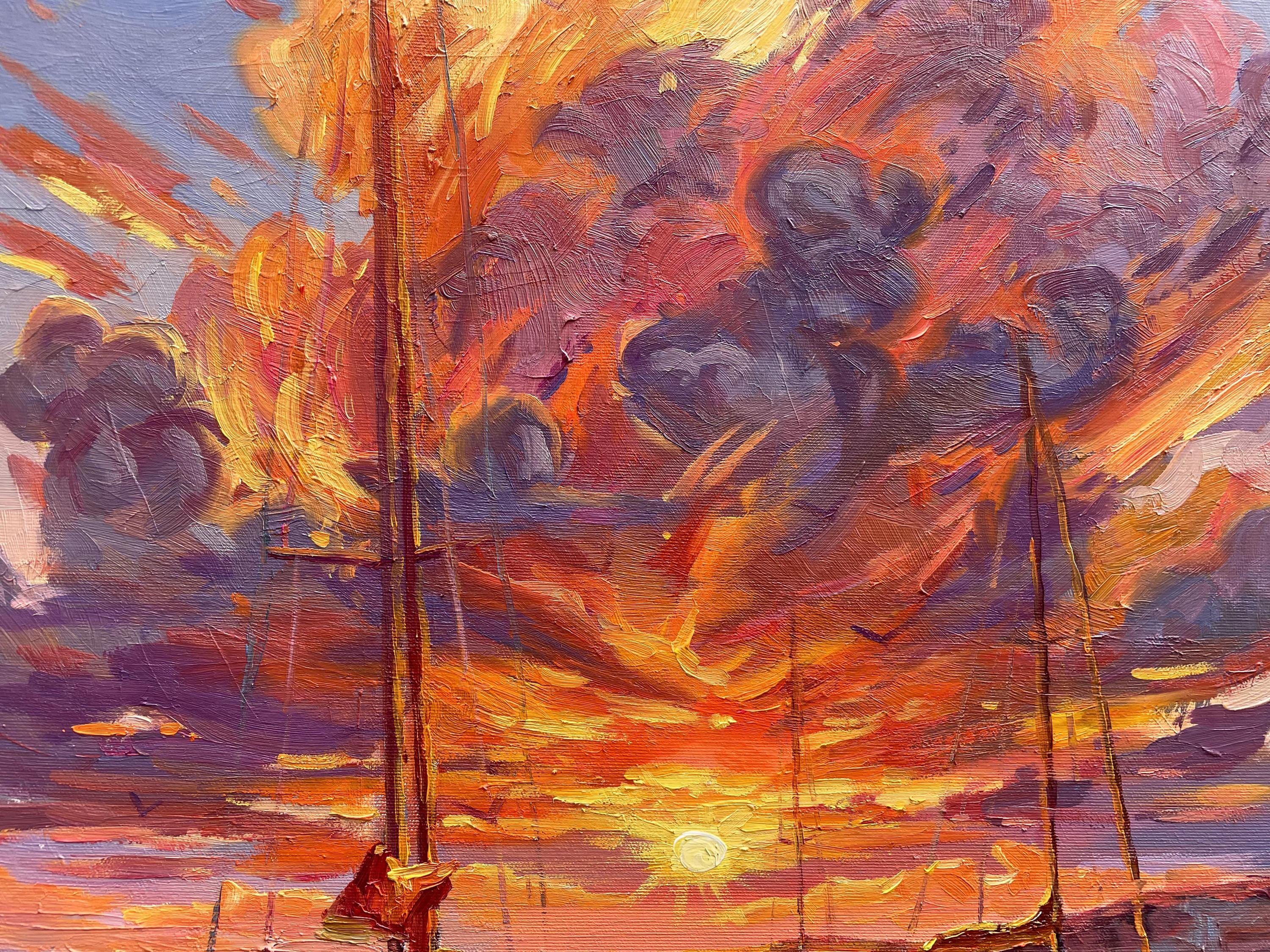 夕焼けのヨットの絵画：印象派の海景油彩 - Etsy 日本