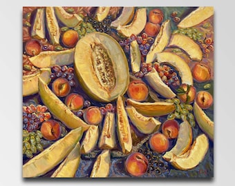 Melon painting Melon art Still life melon Peaches painting Grapes painting Original painting Fruit oil painting Wall art fruits