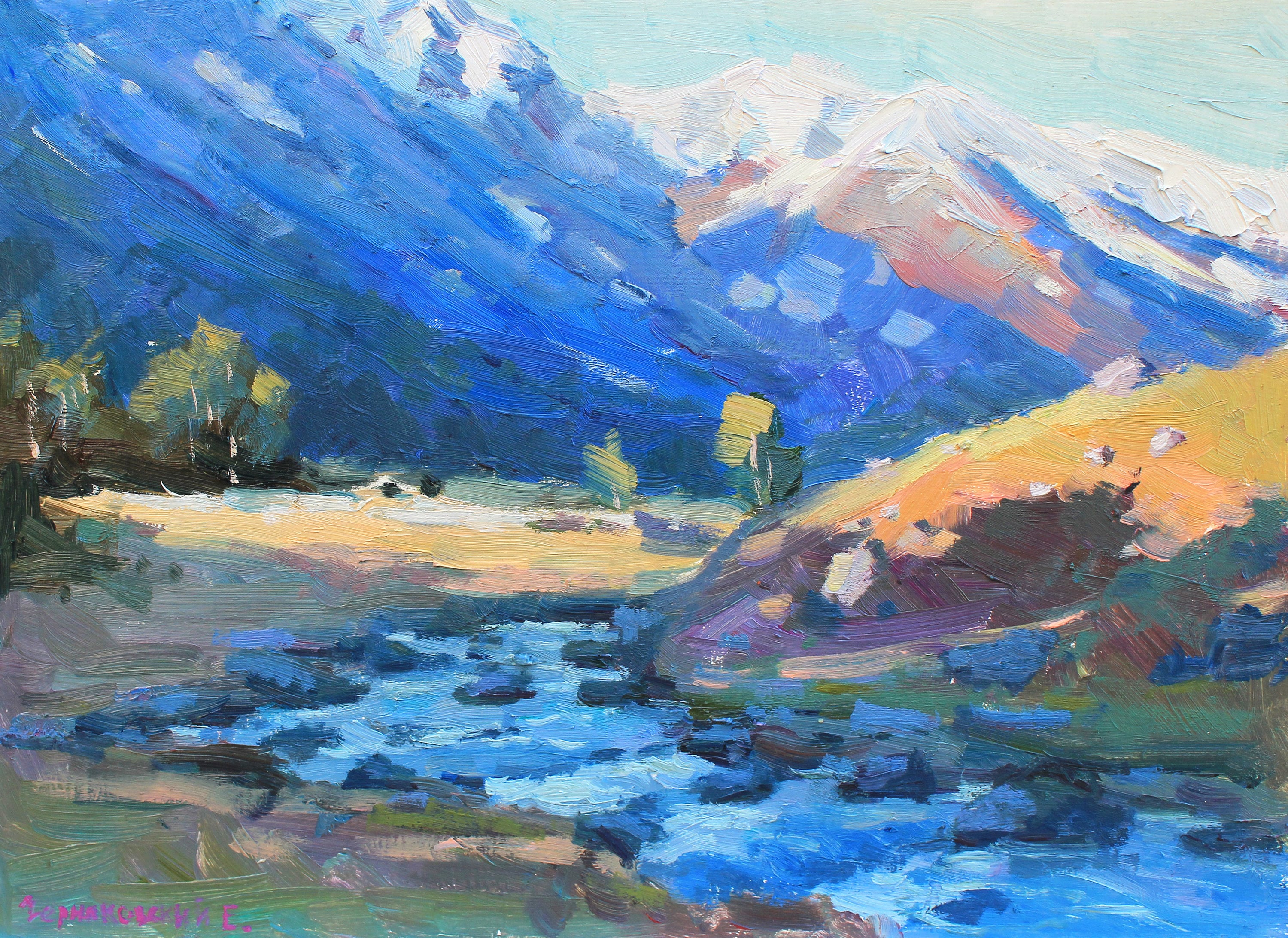 絵画　手書き油絵　川の風景　0号 夜明けの川の絵画 日の出の絵画 川の風景画 川の絵画 印象派の油絵 川