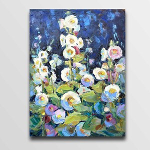 マローの花の静物画 花の油絵 パレットナイフ リビングルーム 戸外絵画 点描画 アート ビンテージスタイル