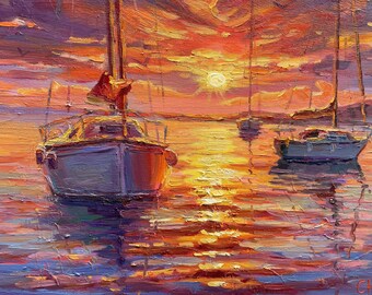 夕焼けのヨットの絵画：印象派の海景油彩 - Etsy 日本