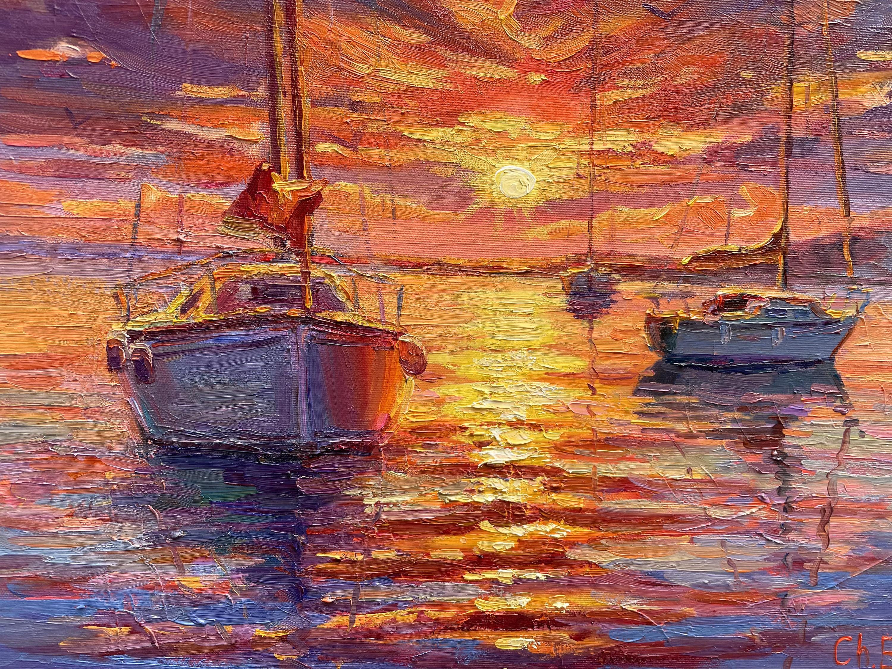 油絵　絵画　夕日　ヨット　 夕焼けのヨットの絵画：印象派の海景油彩 - Etsy 日本
