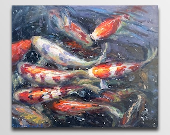 Koi fish painting Fish pond painting Koi fish Plein air painting Impressionism art Housewarming gift Original oil