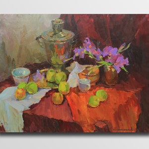Still life fruit Still life with flowers Impressionism oil  Realism Kitchen decor Wall art fruits Vase Oil on canvas