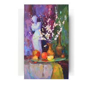 Still life fruit Still life with flowers Impressionism oil  Realism Kitchen decor Wall art fruits Vase Oil on canvas
