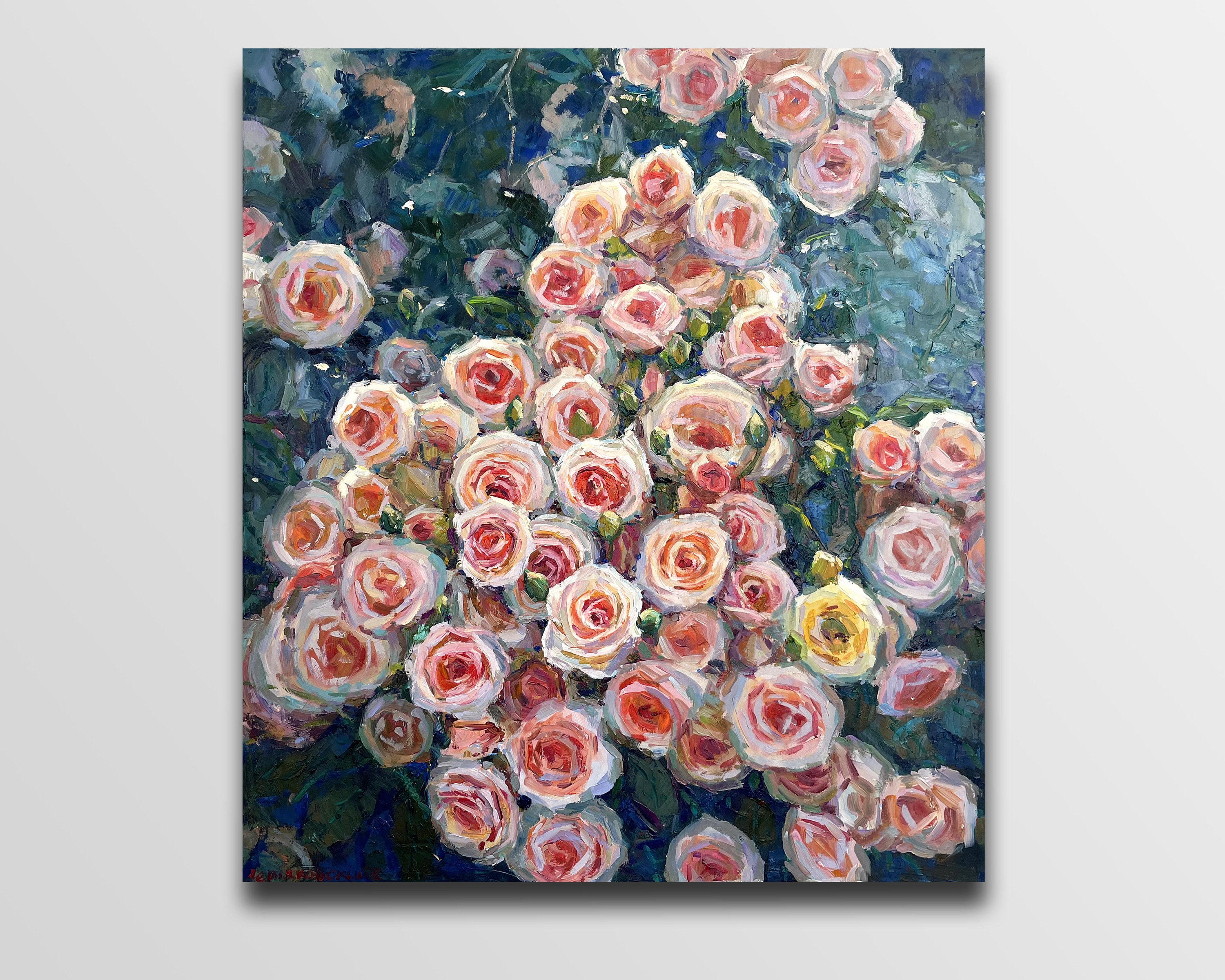赤いバラと白い花の油彩画 白いバラの絵 赤いバラの絵 花の油絵 花の静物画 バラの花束の油絵