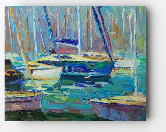 Impressionism Seascape painting Boats art Yachts art Original painting Hand made art Oil landscape Wall art Oil on canvas