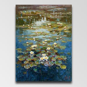 Water lily painting Pond Painting Water Lily Art Impressionism oil River painting oil Kitchen decor Lily flowers