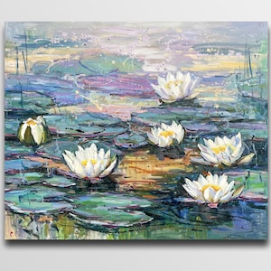 Water lily painting Pond Painting Water Lily Art Impressionism oil River painting oil Kitchen decor Lily flowers