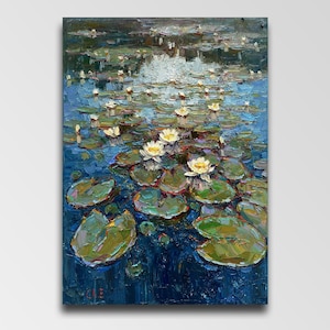 Water lily painting Pond Painting Water Lily Art Impressionism oil River painting oil Kitchen decor Lily flowers