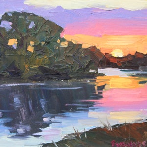 May include: Oil painting of a sunset over a river. The sky transitions from purple to orange, reflecting in the water. Dark green trees line the riverbanks, and the brushstrokes create a textured effect.
