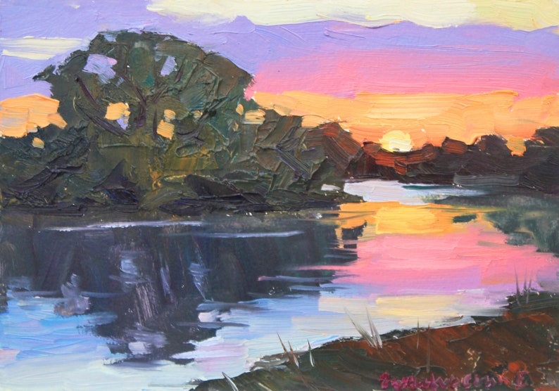 May include: Oil painting of a sunset over a river. The sky transitions from purple to orange, reflecting in the water. Dark green trees line the riverbanks, and the brushstrokes create a textured effect.