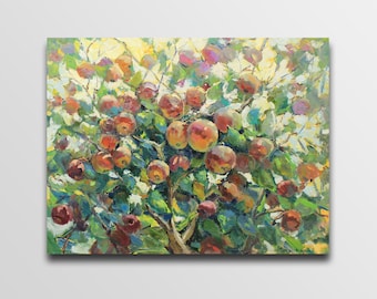 May include: A painting of a tree branch laden with red and green apples. The apples are painted in a realistic style with visible brushstrokes. The background is a soft yellow with hints of green and blue.