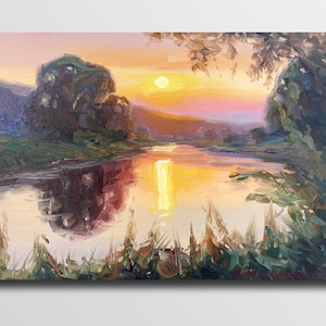 River sunset art Sunset painting oil Riverscape Painting River painting oil River landscape oil River wall art
