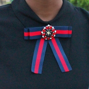Navy and  Red Flower Rhinestone Bow Brooch