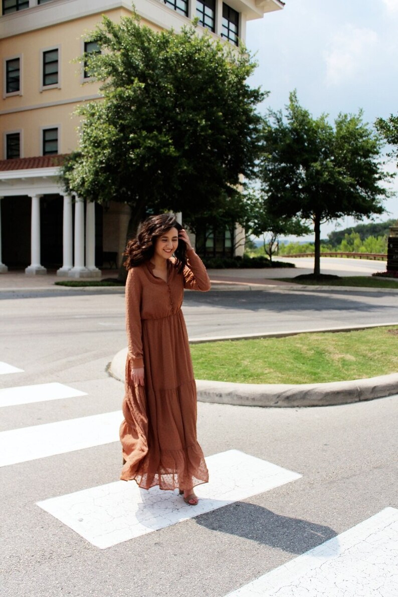 Long Sleeve Maxi Dress Caramel Brown Color Etsy