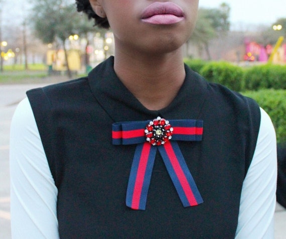 Navy and Red Flower Rhinestone Bow Brooch 