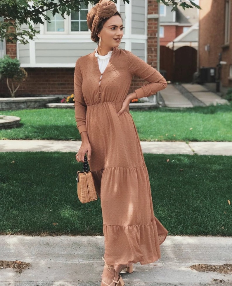 Long Sleeve Maxi Dress Caramel Brown Color Etsy