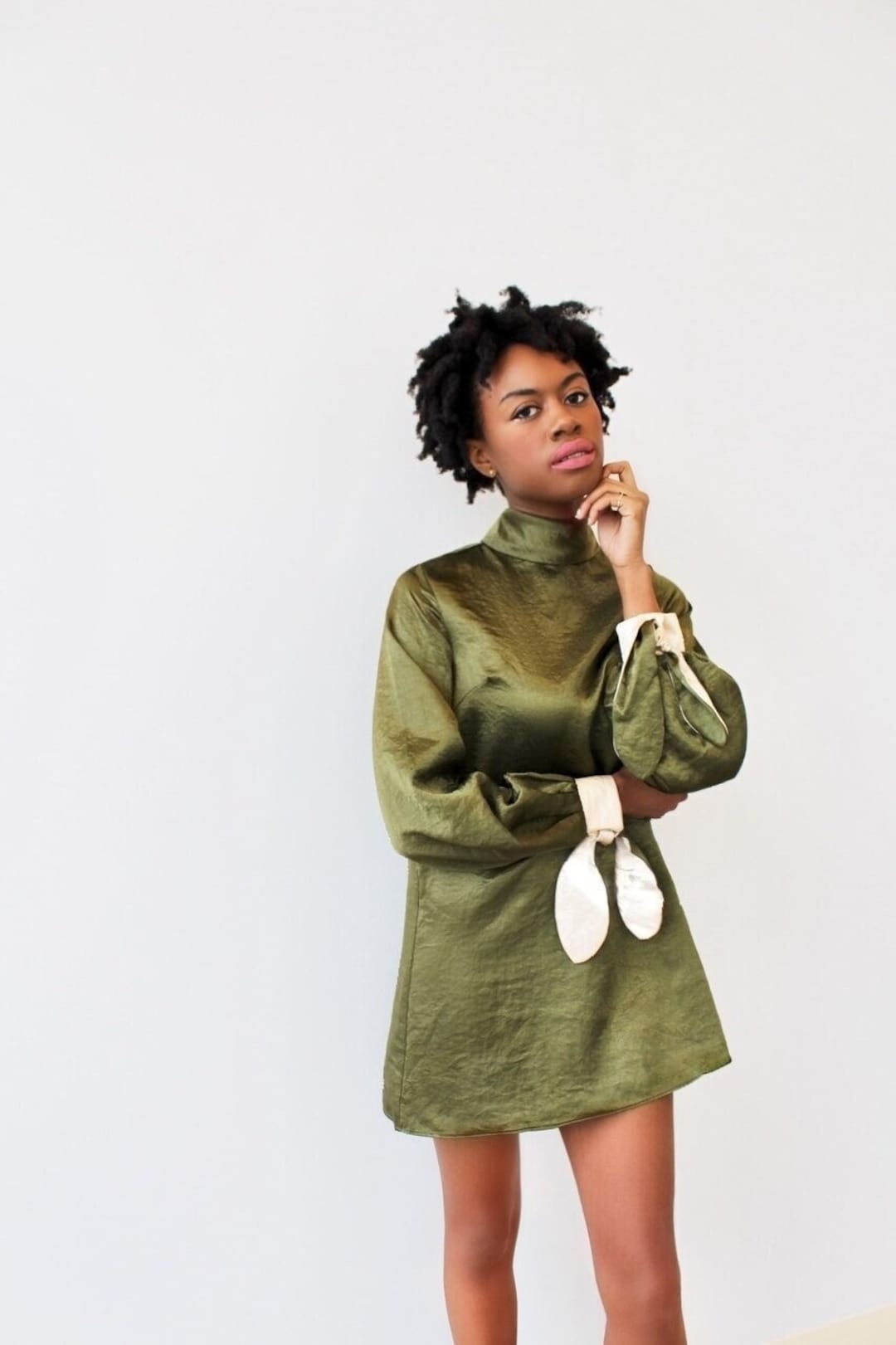 Silk Satin Turtleneck Short Dress Dark Olive and Beige 100 Silk Etsy Australia