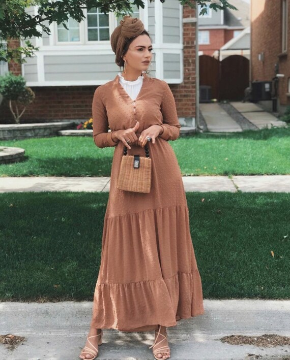 Langarm Maxi Kleid Caramel Braun Farbe - Etsy Österreich