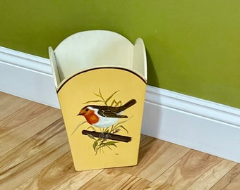 Vintage Waste Can Wooden Hand Painted Trash Can Tole Painted Bird Lover Gift Spring Decor Bedroom Powder Room Signed by Artist