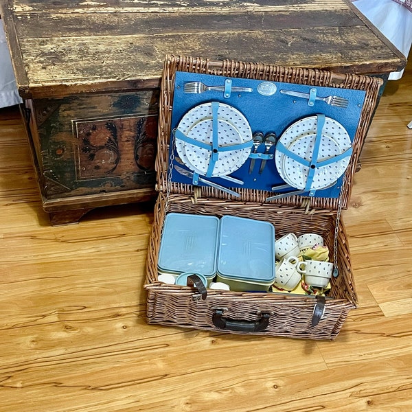 FABULOUS Vintage Picnic Basket Brexton Made in England Service for Four WH Grindley Thermos Woven Willow Picnic Hamper Al Fresco Dining