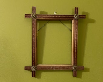One of a Kind Vintage Adirondack Frame Brass Medallions Hand Crafted Criss Cross Frame Rustic Cabin Lodge Tramp Art Style Eastlake Decor