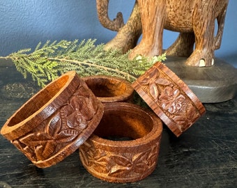 Vintage Napkin Rings Carved Teak Floral MID Boho Tablescape Set of Four Napkin Holders