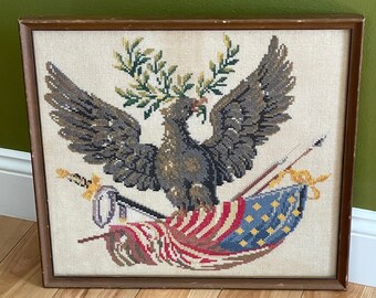 FABULOUS Vintage Framed Cross Stitch Eagle with American Flag Sword and Laurel Wreath Americana Patriotic Wall Decor Fiber Art Man Cave