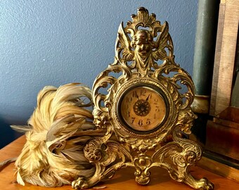 Vintage Decorative Mantel Clock Early 1900's Gold Gilt Cast Iron Victorian Style Gilded Age Angels Cherubs Griffon Hollywood Glam Style