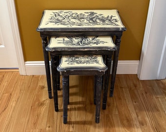 Unique French Country Nesting Tables Set of Three Side Tables Distressed Paint Occasional Tables Traditional Blue and White "Toile" Detail