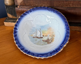 Unique and Hard to Find Flow Blue Soup Bowl Vintage Dinnerware Hand Painted Sailboats Antique Collectible Gallery Wall French Country