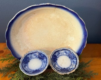 Unique and Hard to Find English Flow Blue Butter Pats and Shallow Bowl Vintage Dinnerware Antique Collectible Dinnerware Cottage Decor Lover