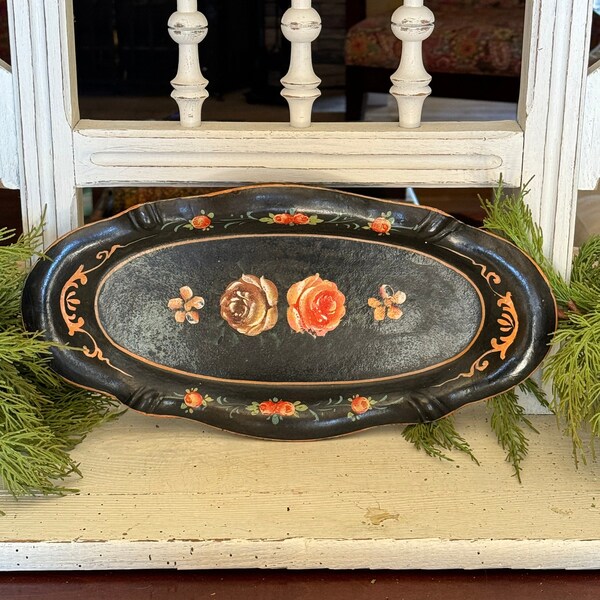 Vintage Paper Mache Tray Oval Hand Painted Occupied Japan Floral Table Top Decor Dresser Catch All