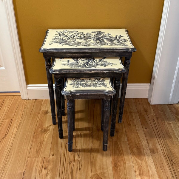 Unique French Country Nesting Tables Set of Three Side Tables Distressed Paint Occasional Tables Traditional Blue and White "Toile" Detail