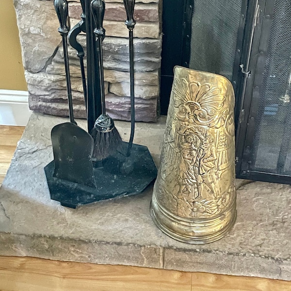 Vintage Brass Fireplace Coal Scuttle Oversized Colonial Coal Hod 3D Relief Repousse Umbrella Stand Kindling Storage