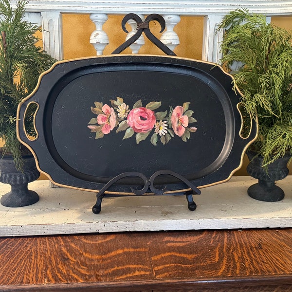 Lovely Vintage Hand Painted Black Tole Tray Double Handled Floral Serving Tray Gallery Wall Cottage Decor