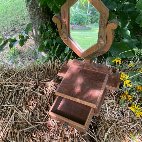 Vintage Stand Mirror - Tramp Art Style Decor - Hand Crafted Shaving Mirror - Jewelry/Storage Box - Cabin - Rustic - shops Eastlake - Black Forest
