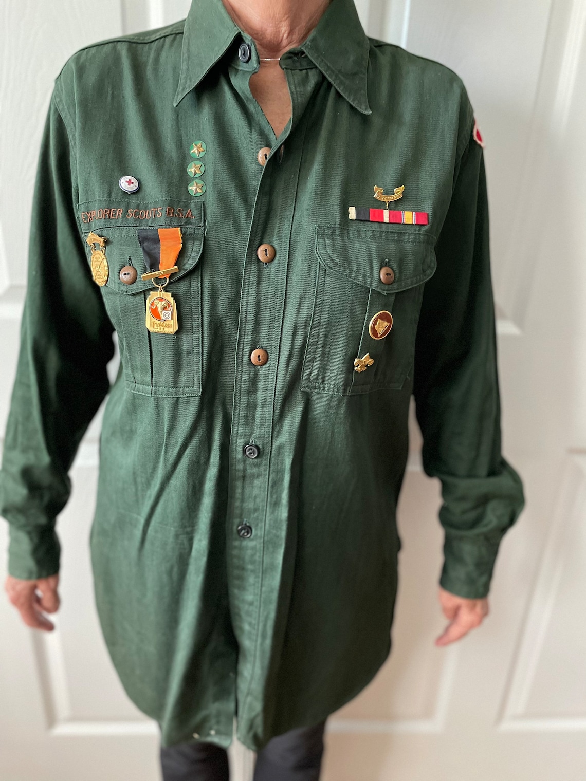 Vintage Boy Scout Uniform Shirt Military Green Long Sleeve Etsy