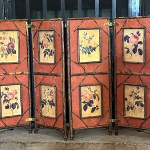 Unique Vintage 4 Panel Screen Folding Tabletop "Room" Divider Twig Frame Botanical Prints Unique Art Floral Decor Cottage Core Sun Room