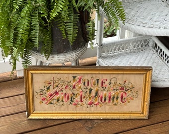 Antique Punch Paper Needlepoint Home Sweet Home Wall Decor Victorian Fiber Art Hand Crafted House Blessing Framed Needlepoint CottageCore