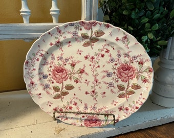 Vintage Johnson Brothers Rose Chintz Serving Platter Oval Tray Hand Engraved Made in England Cottage Core Farmhouse Discontinued Pattern