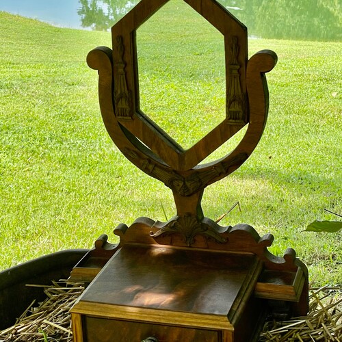 Vintage Stand Mirror - Tramp Art Style Decor - Hand Crafted Shaving Mirror - Jewelry/Storage Box - Cabin - Rustic - shops Eastlake - Black Forest